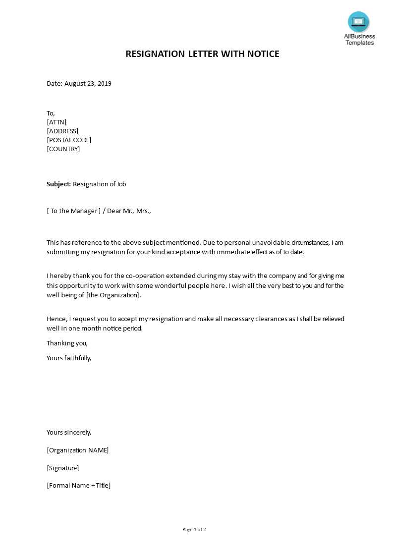 1 month notice employee resignation letter template