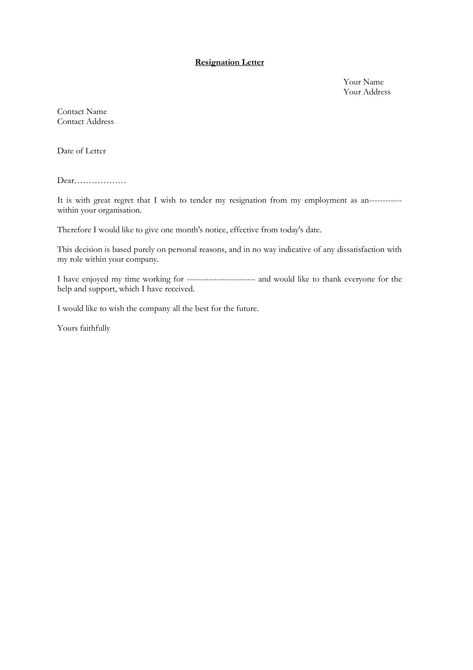 1 month notice sample resignation letter template