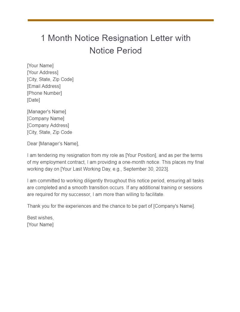 1 month notice employee resignation letter template