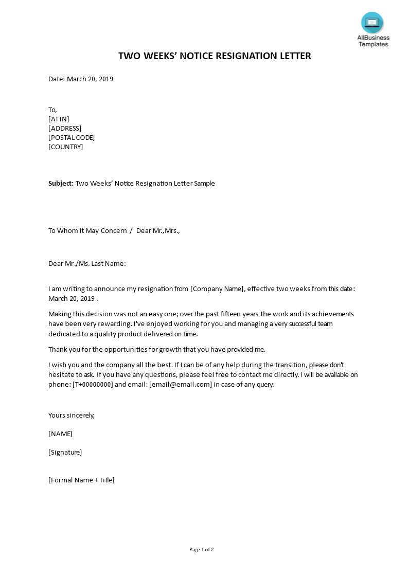 2 week letter of resignation template