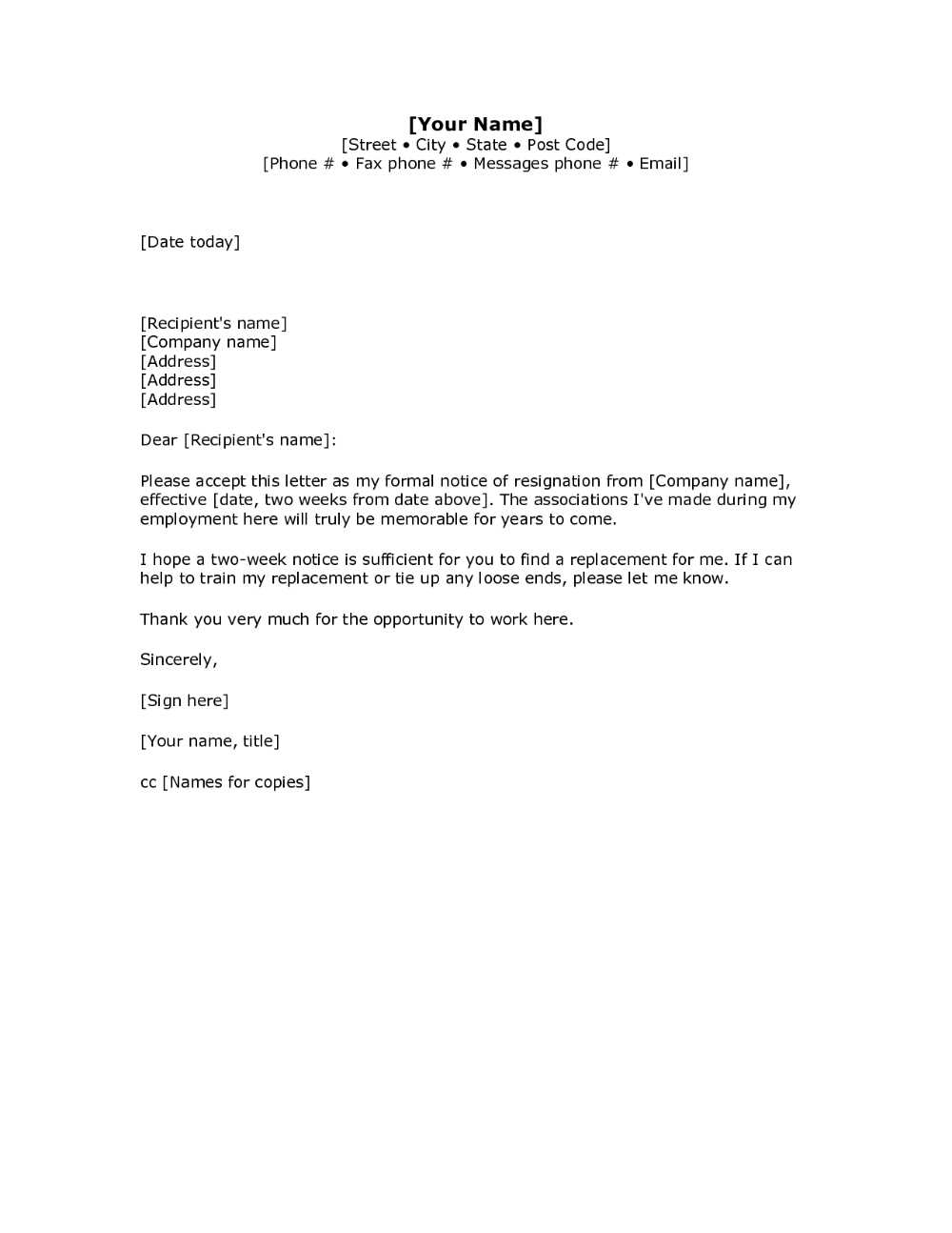 2 weeks notice letter template