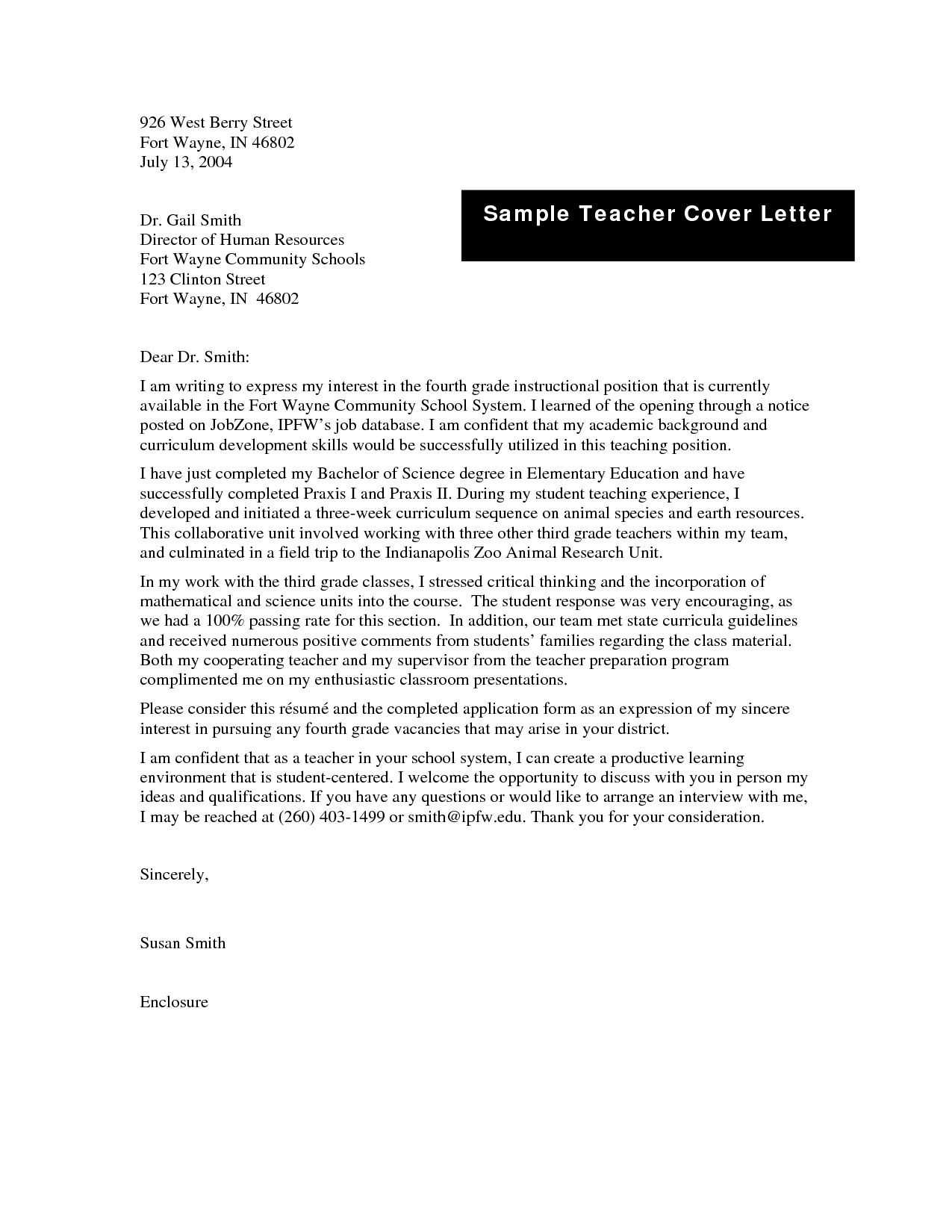 elementary teacher cover letter template