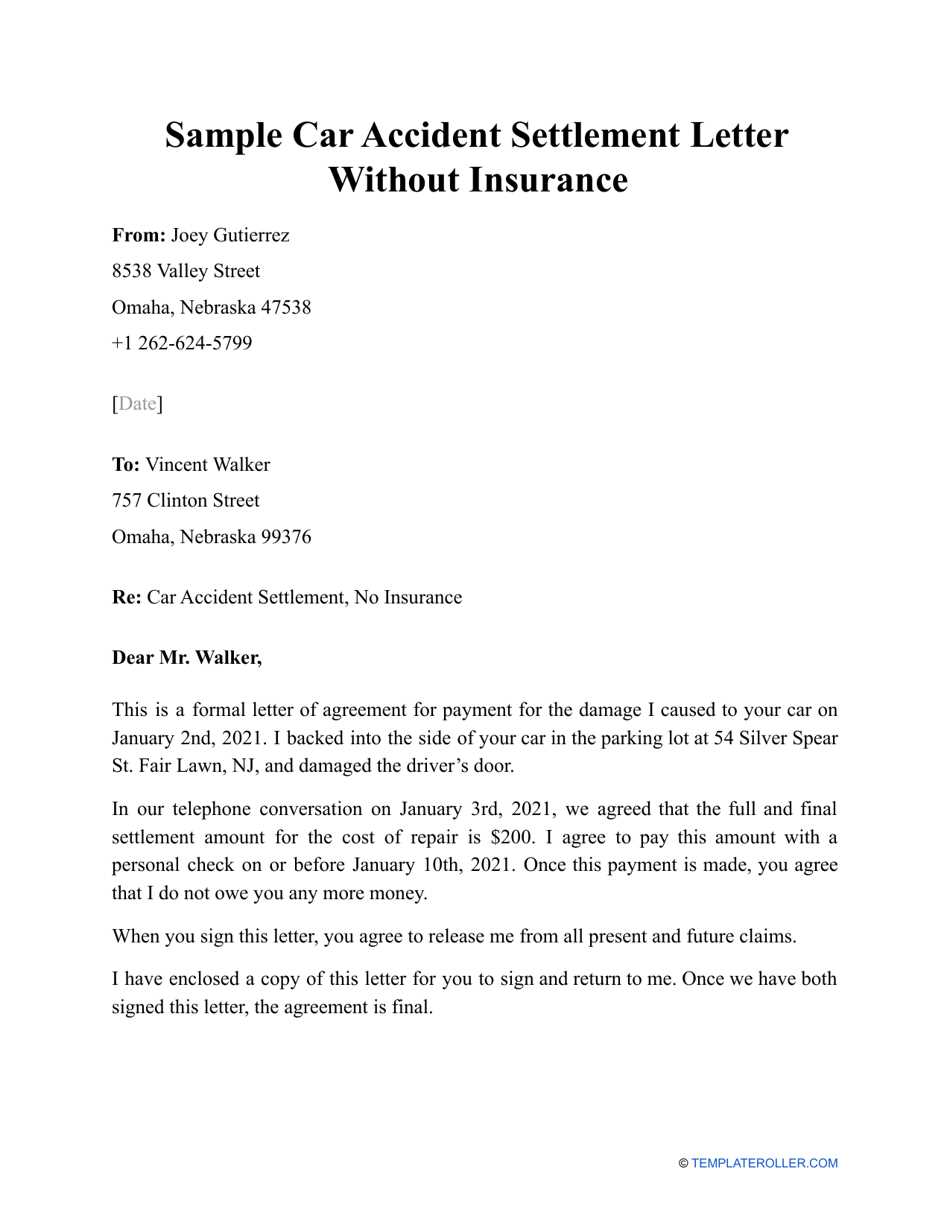 insurance settlement letter template