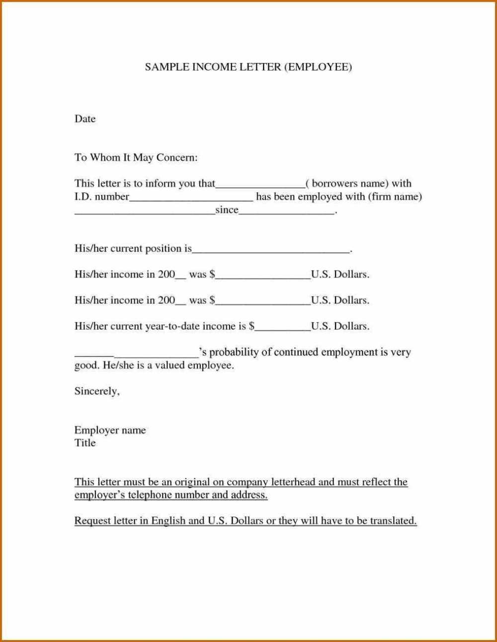 proof of income letter from employer template