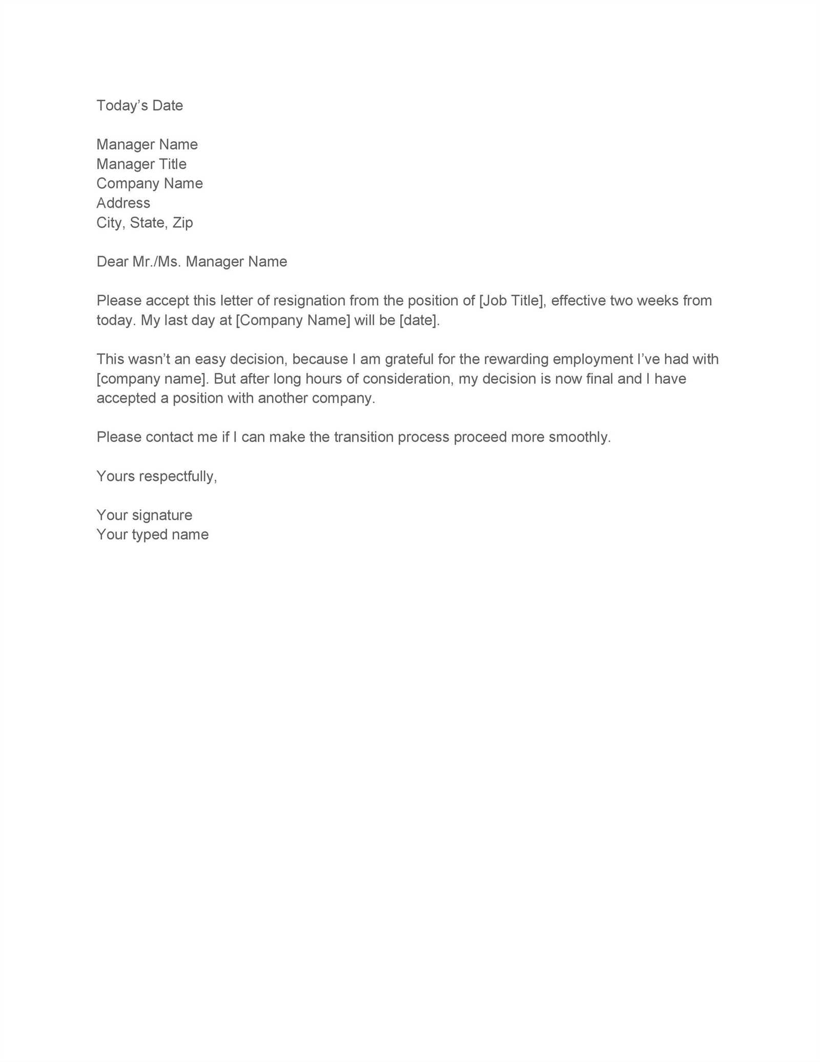 two weeks notice template for resignation letter