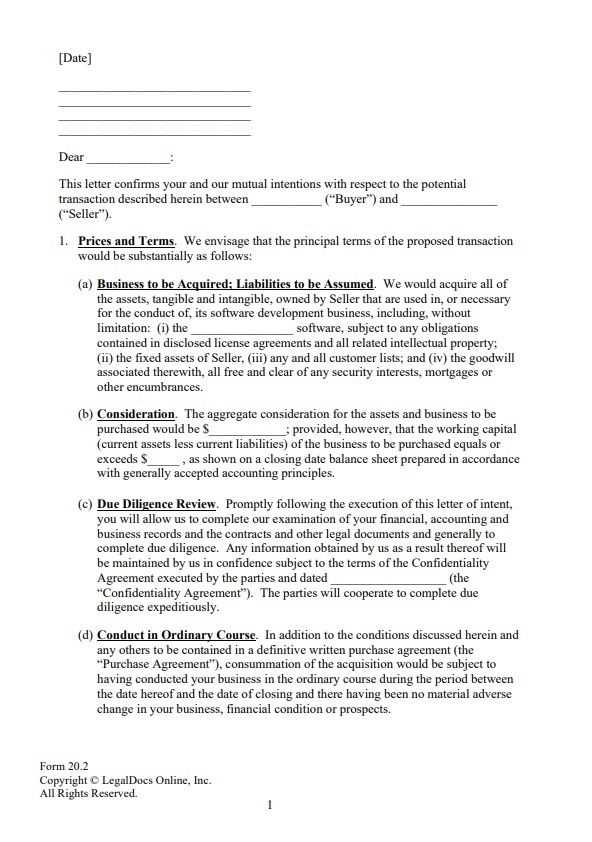 letter of intent to purchase business template