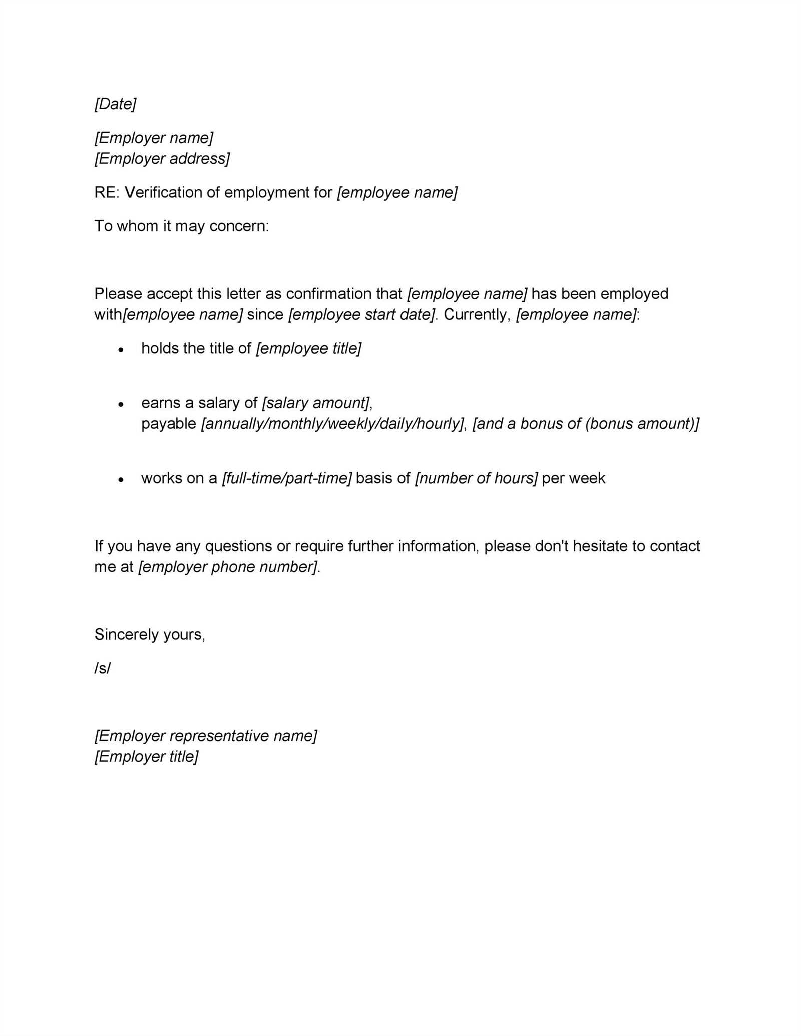 letter of verification of employment template