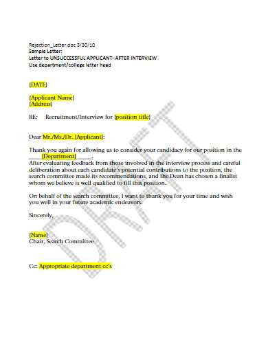regret letter template after interview
