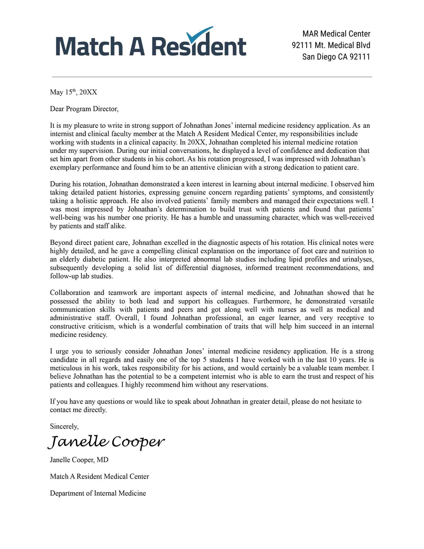 medical residency letter of recommendation template