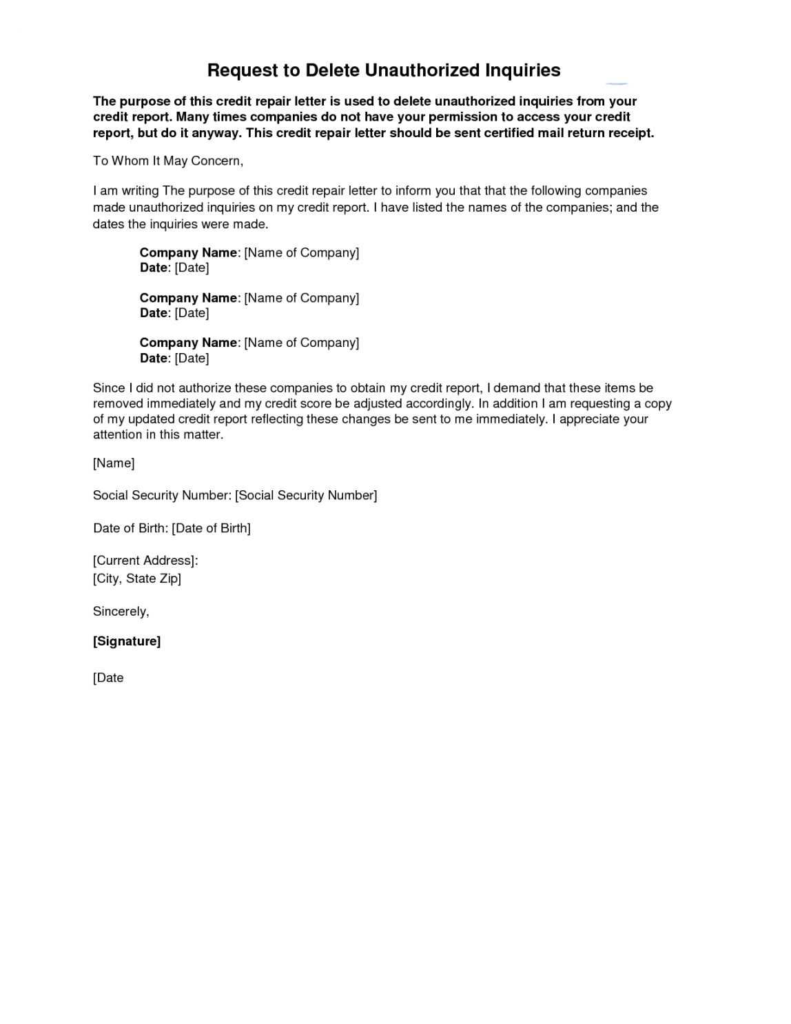 credit hard inquiry removal letter template