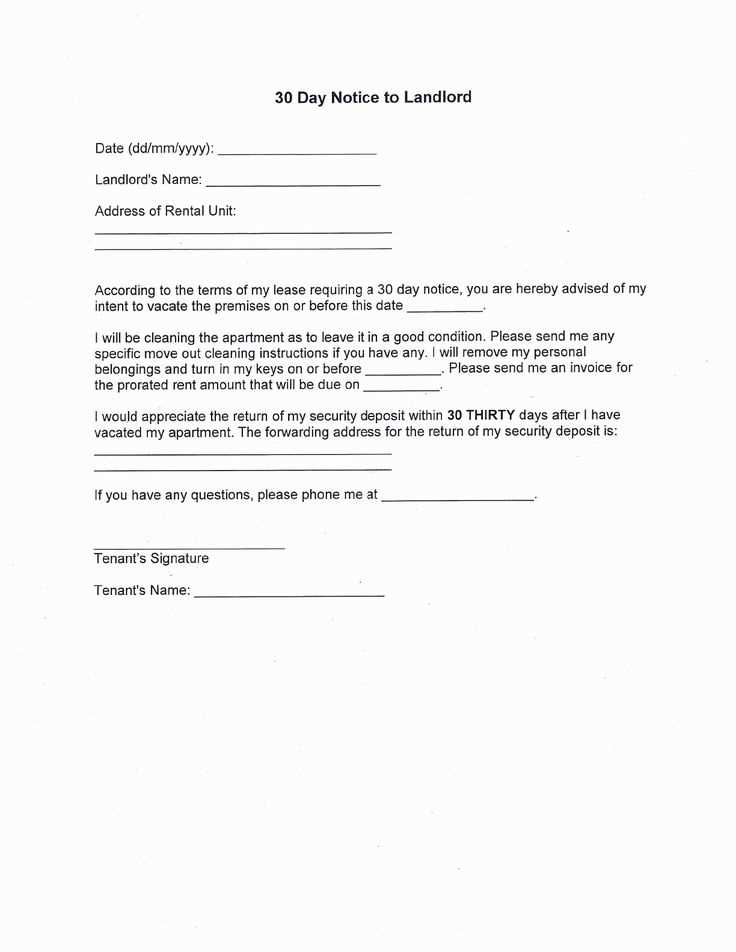 30 day notice to landlord letter template