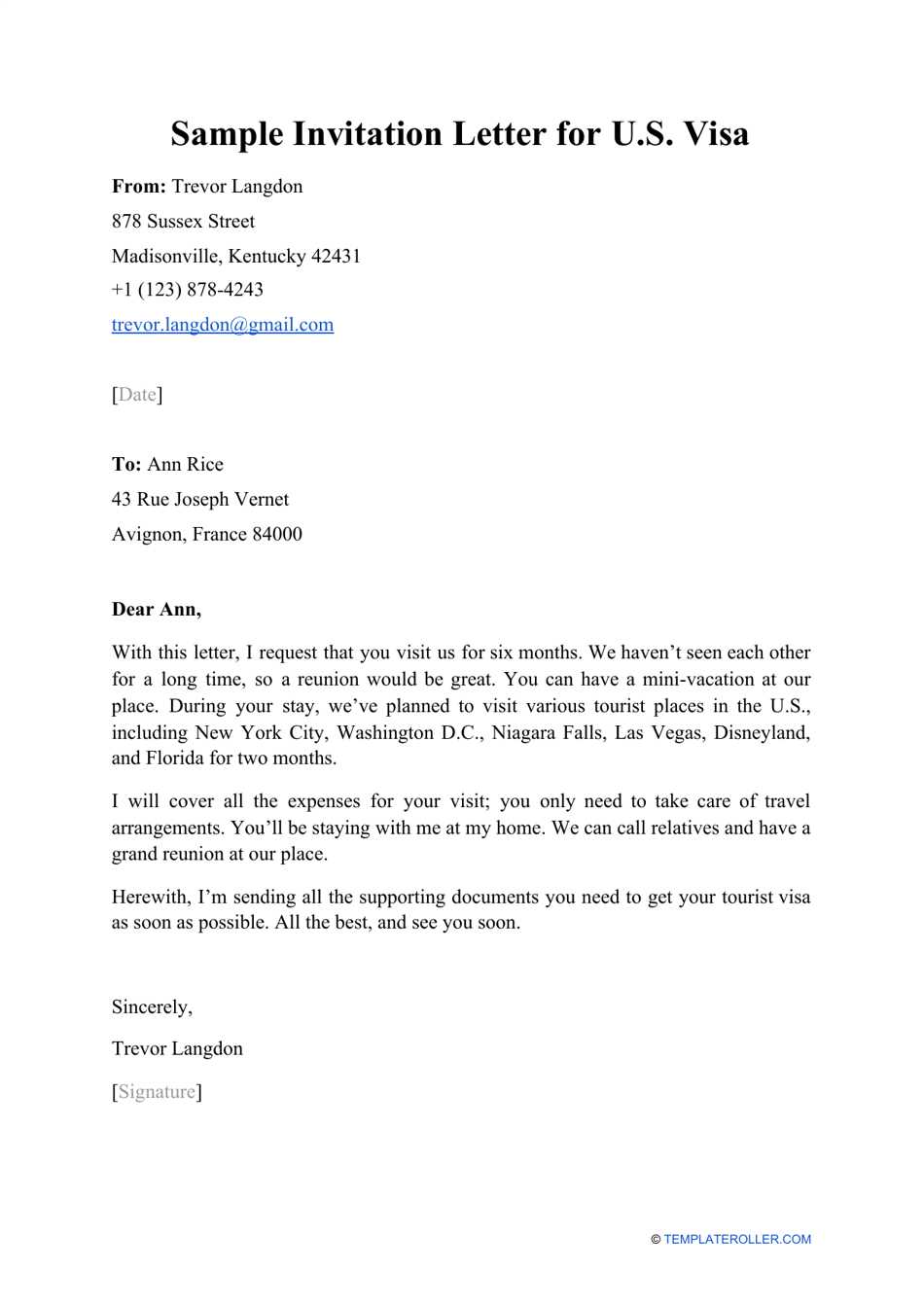 us tourist visa invitation letter template