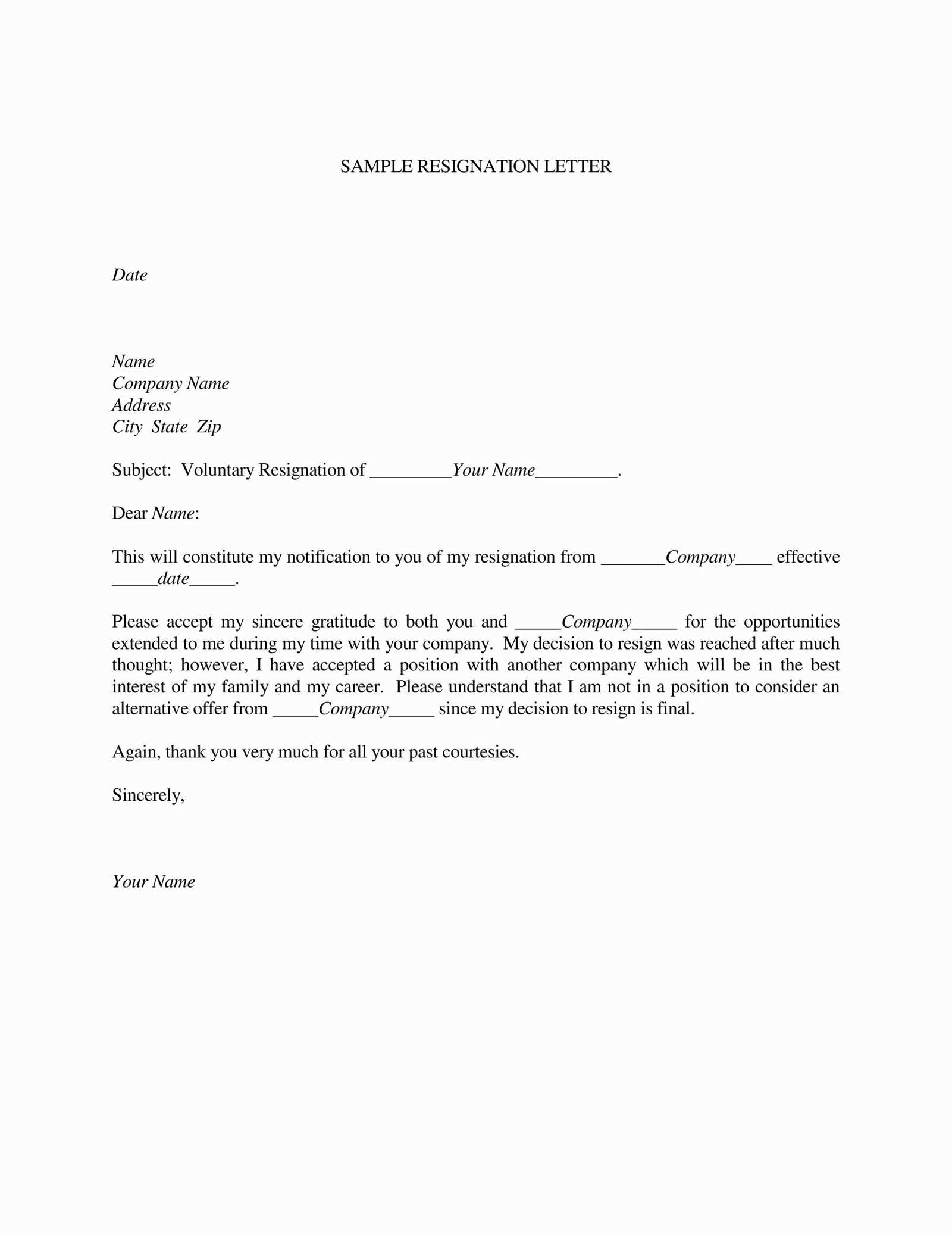 free sample resignation letter template