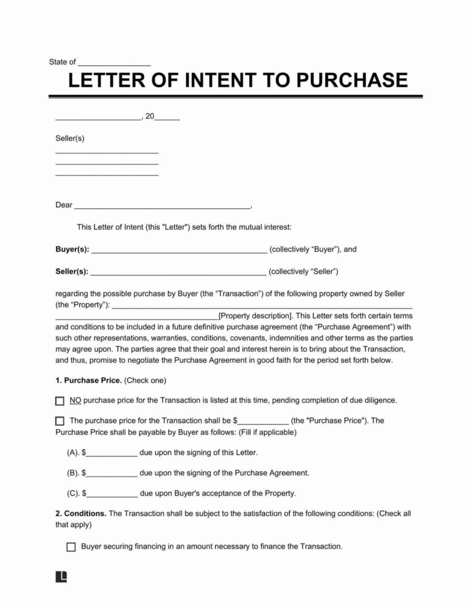 letter of intent to purchase business template free