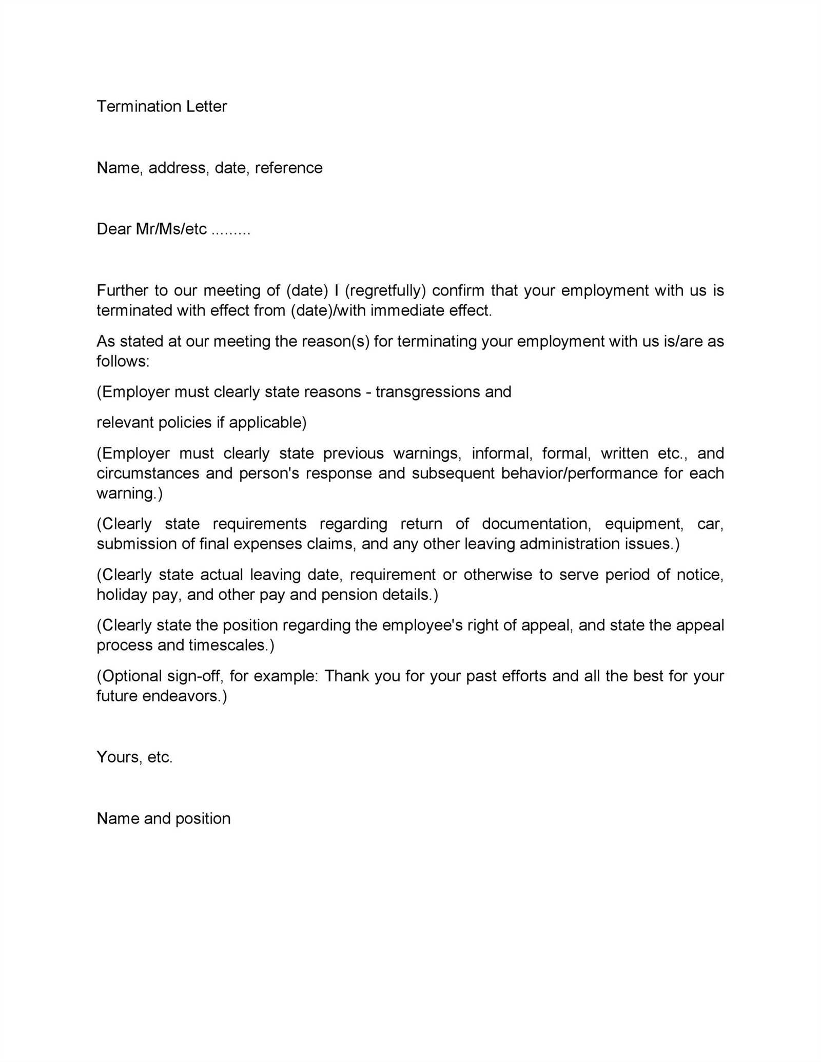 template for notice of termination of employment letter