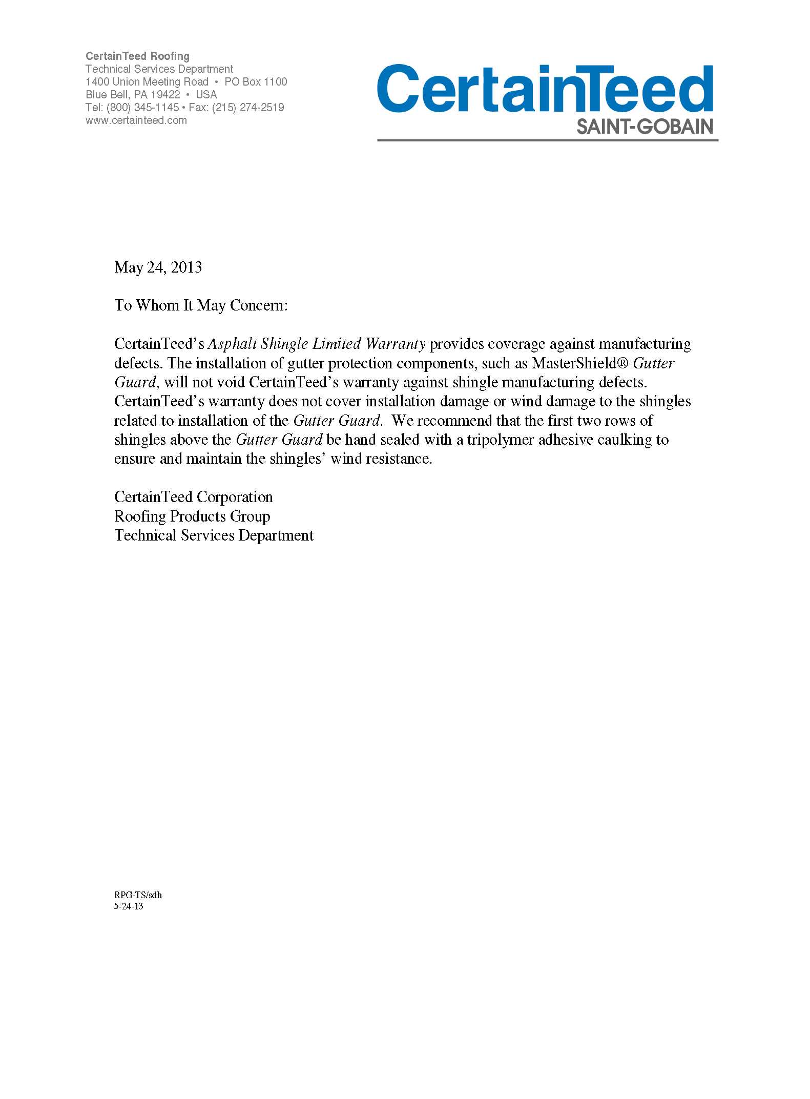 workmanship warranty letter template