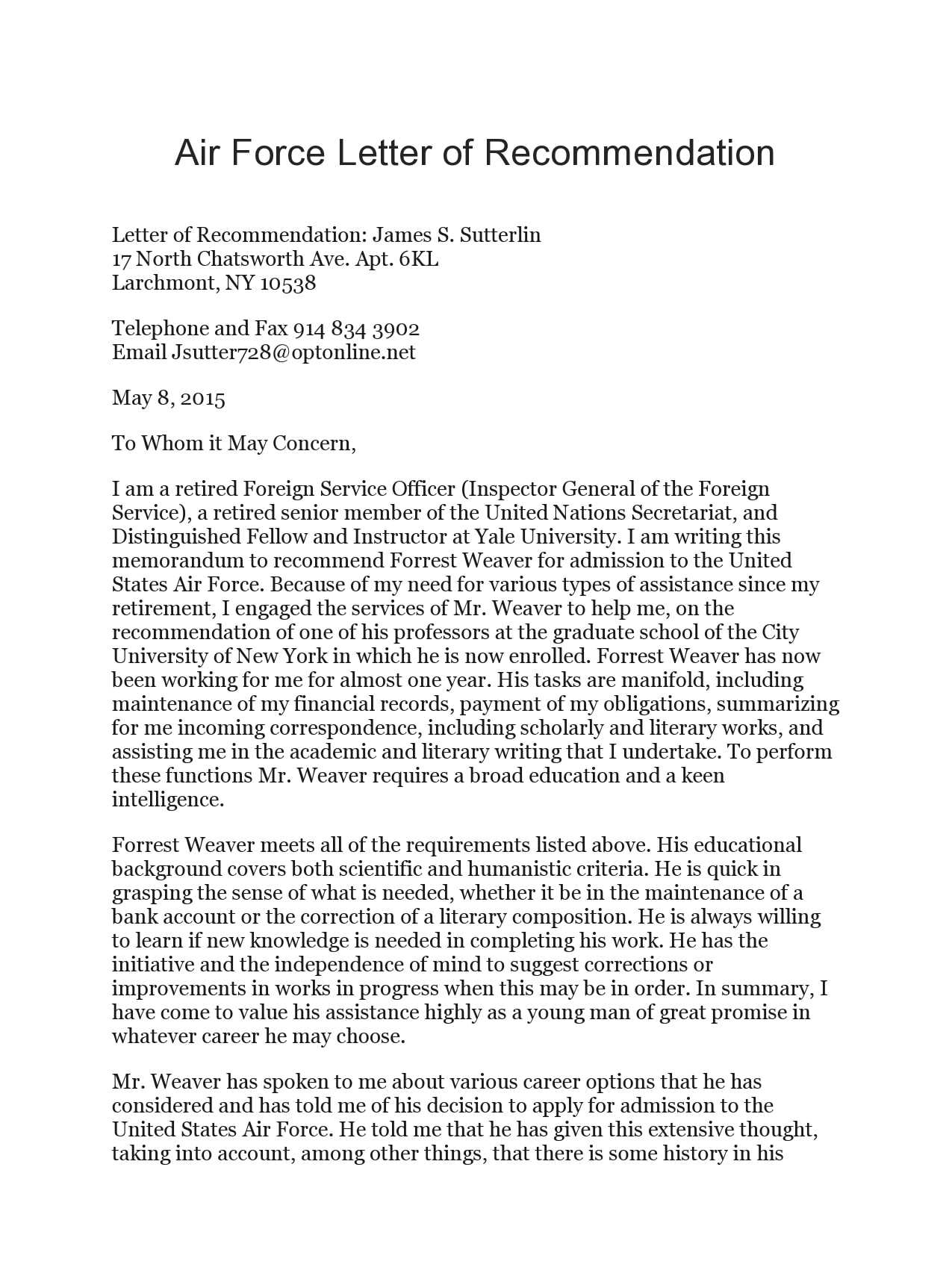 letter of recommendation army template