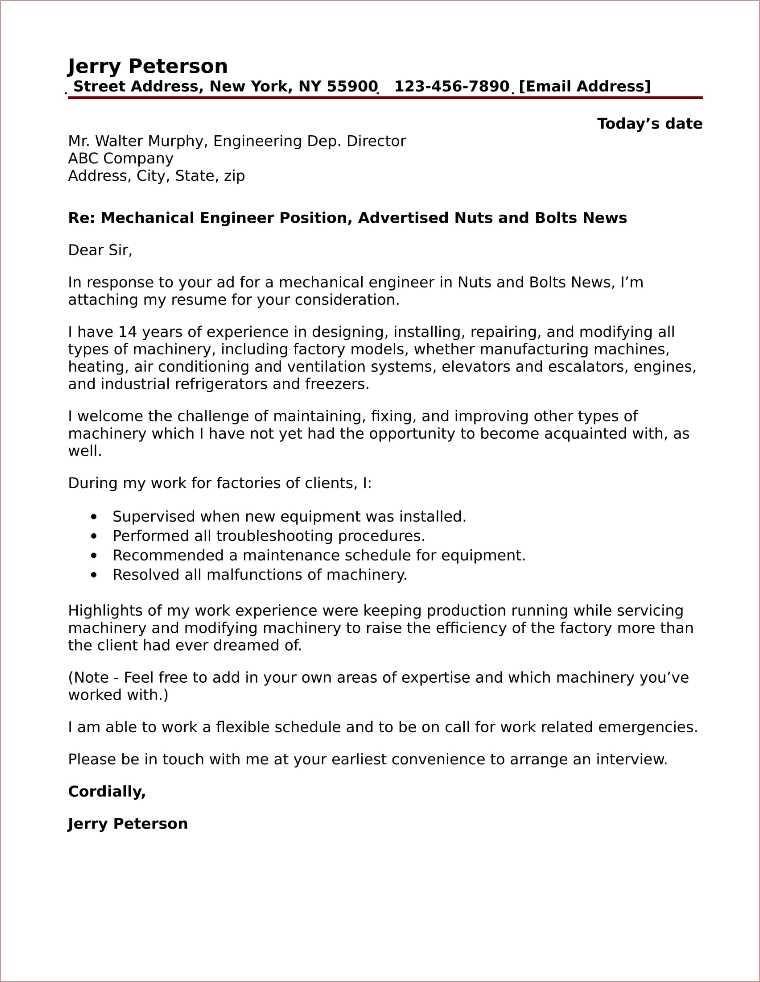 cover letter template mechanical engineer