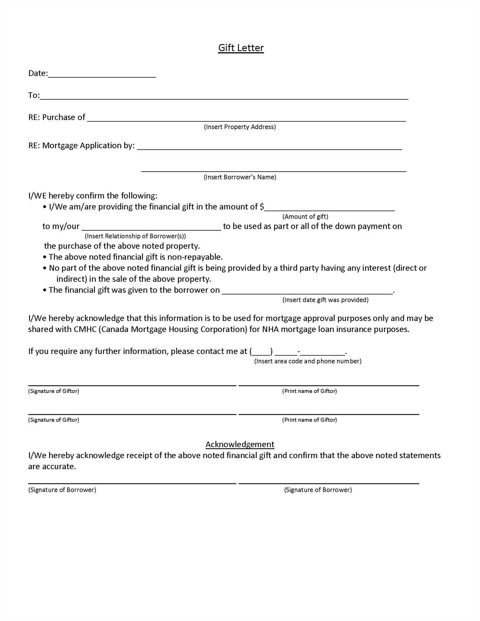 mortgage gift letter template pdf