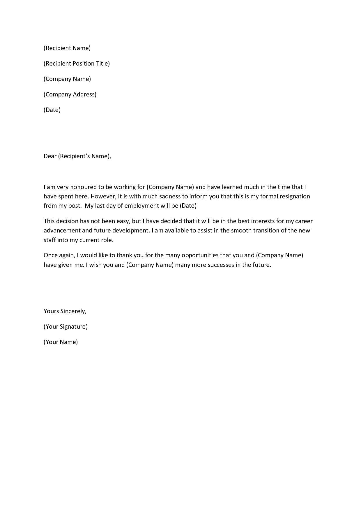 resignation letter canada template