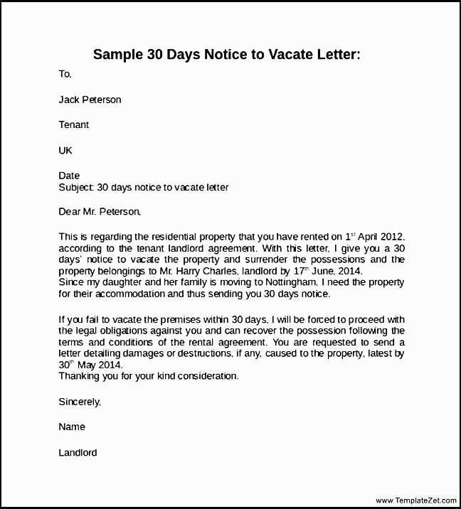 free 30 day notice letter to landlord template