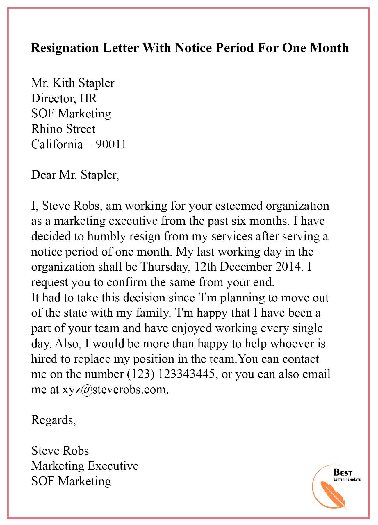 30 day notice resignation letter template