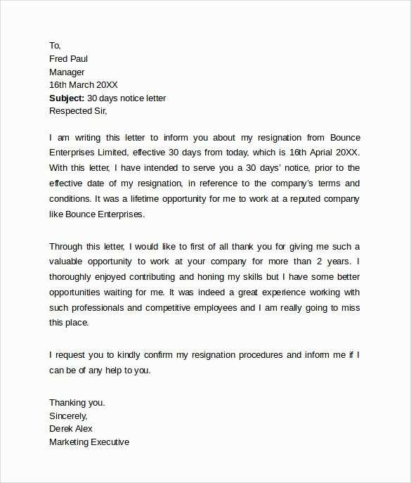 30 day notice resignation letter template