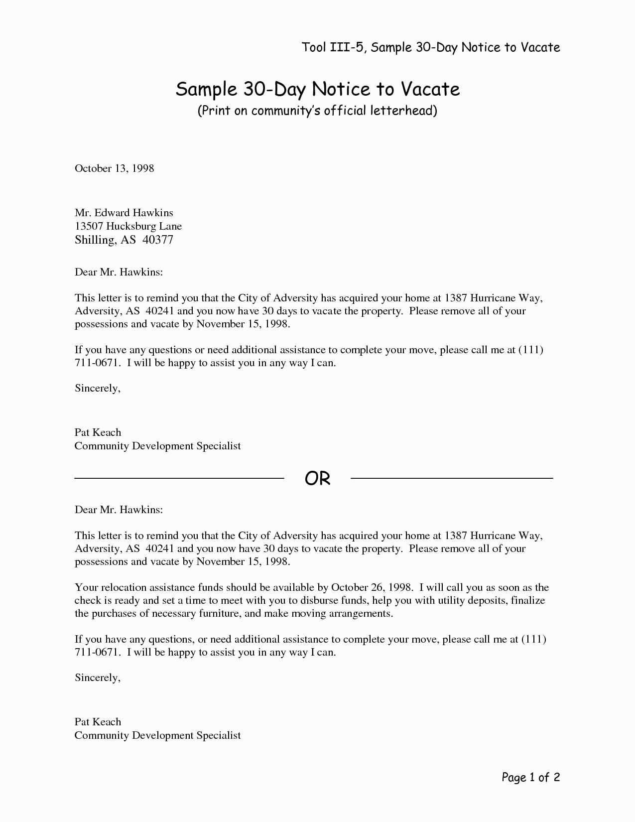 30 day notice to landlord letter template