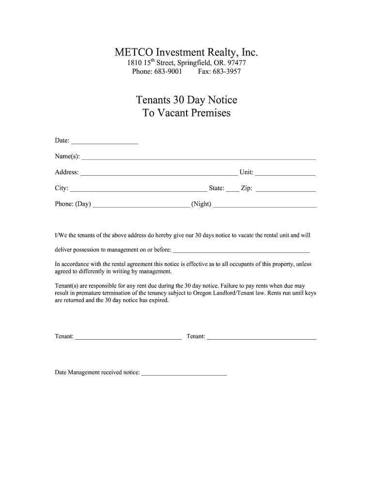 30 day notice to landlord letter template