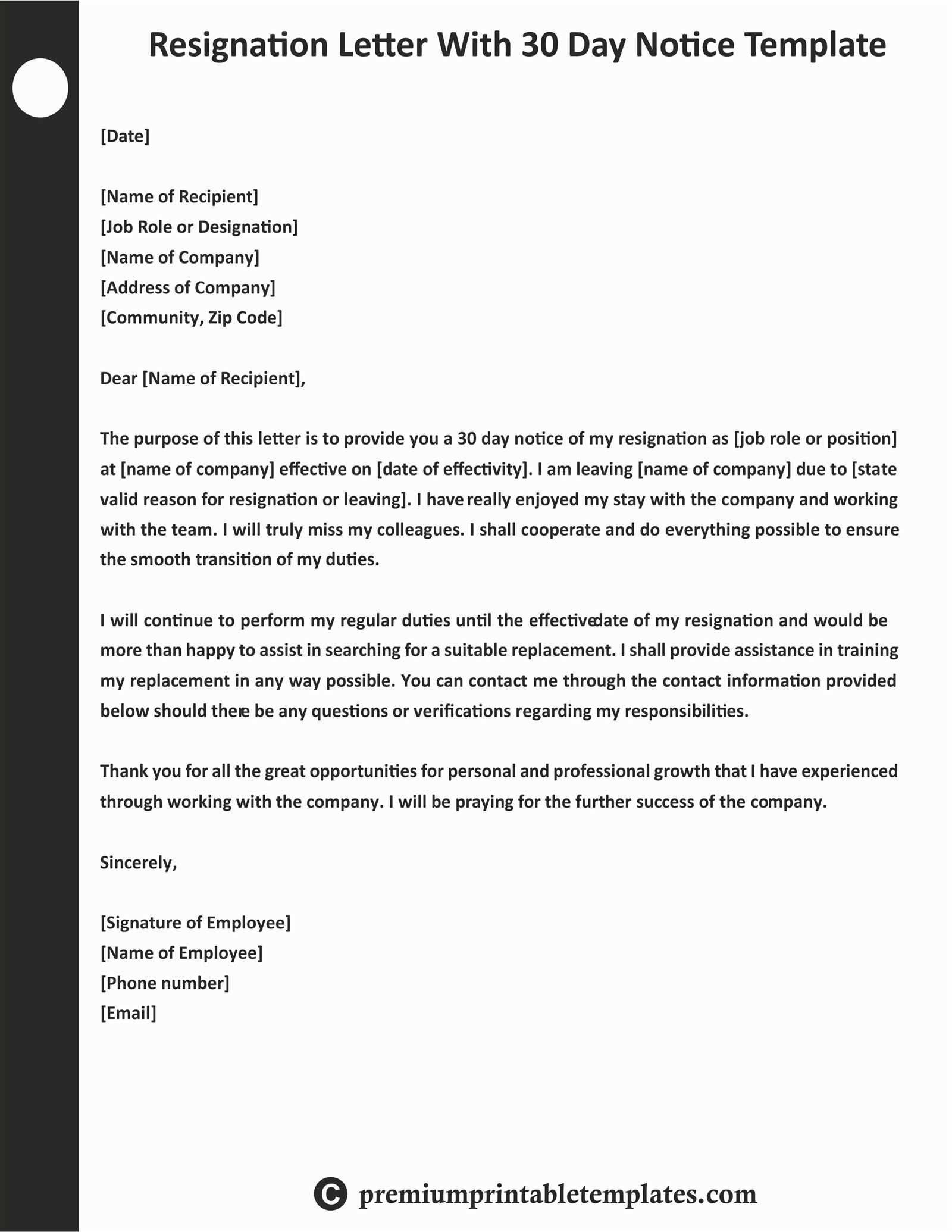 30 day resignation letter template