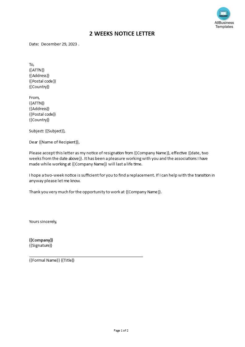 4 week notice letter template