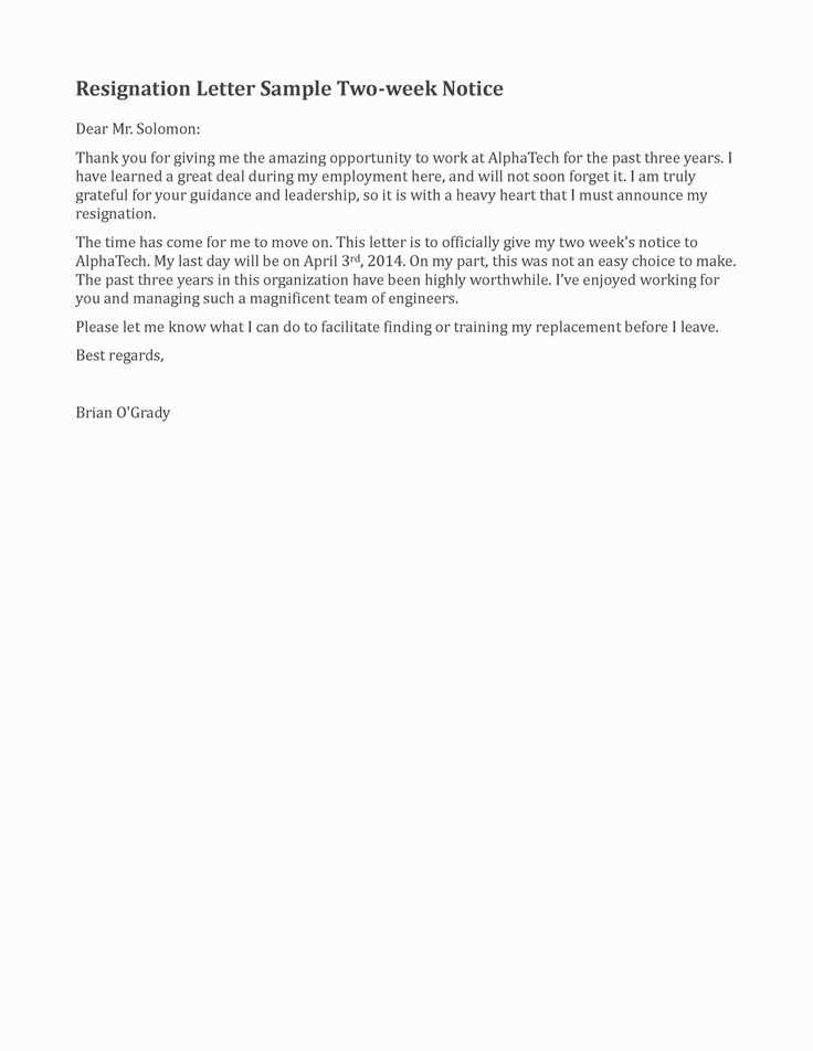 4 week resignation letter template