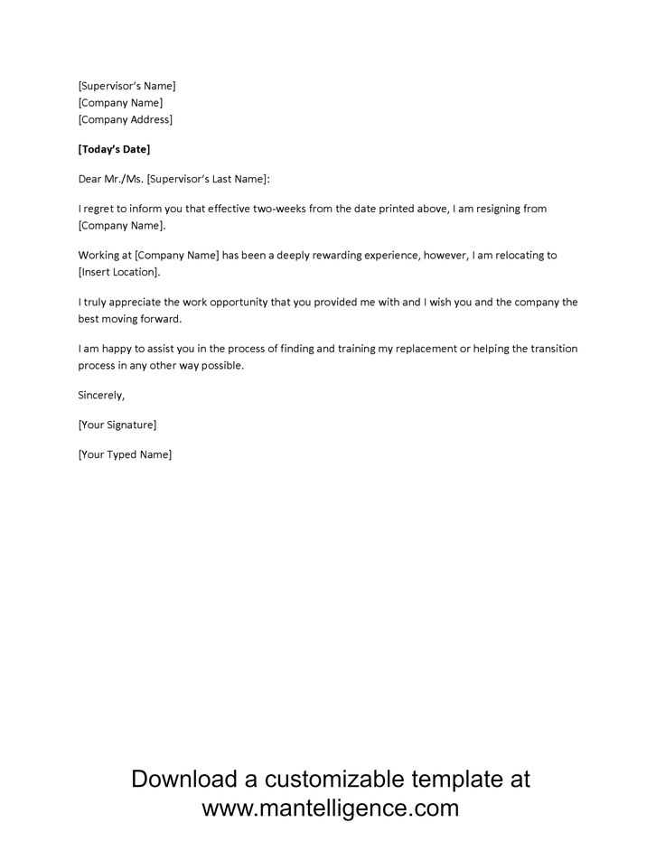 4 week resignation letter template