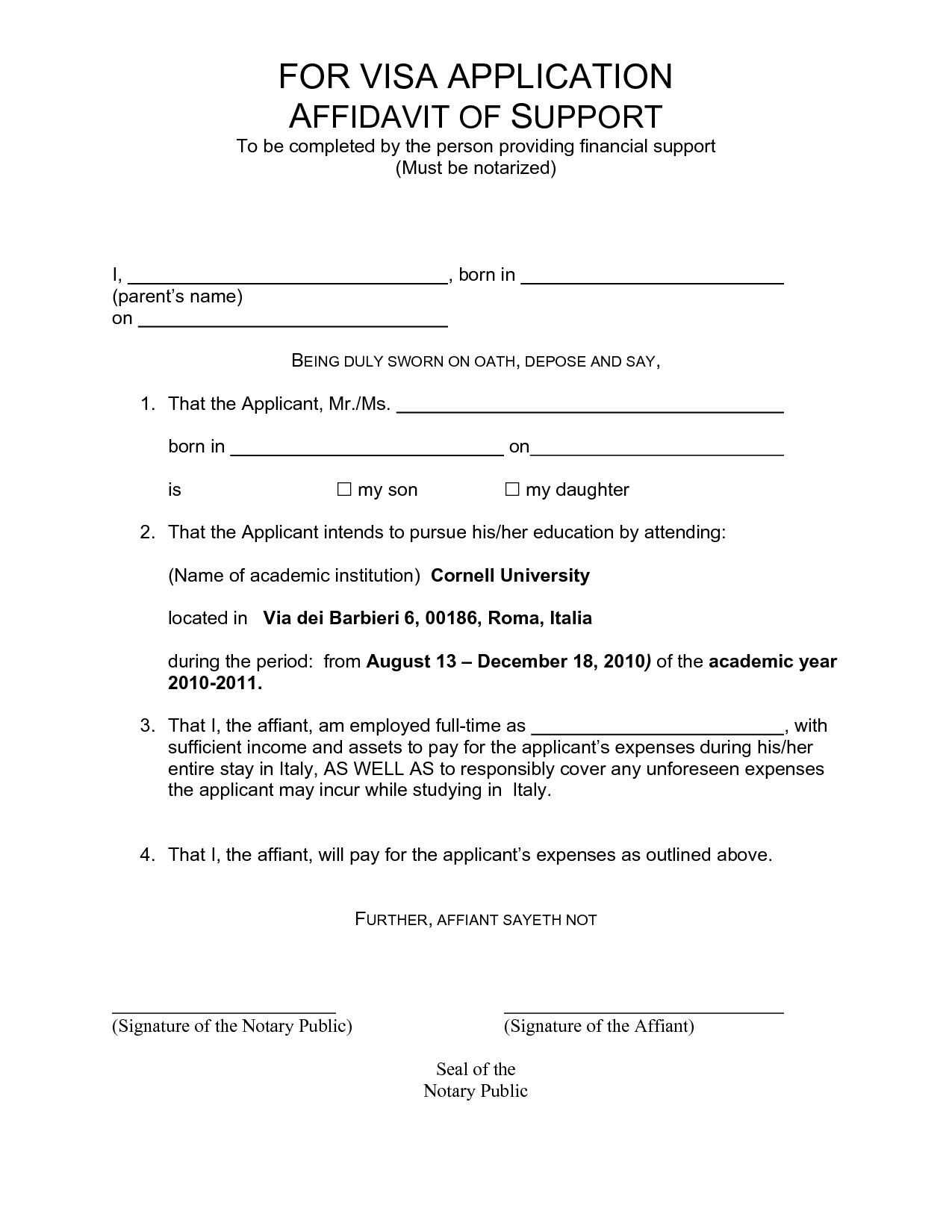 affidavit of support template letter