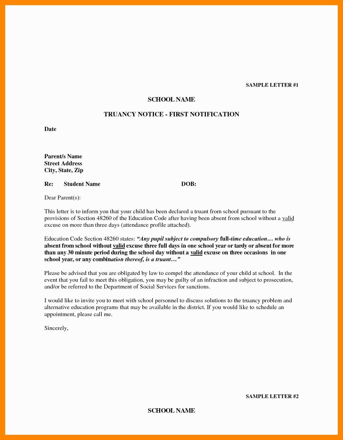 attendance letter to parents template