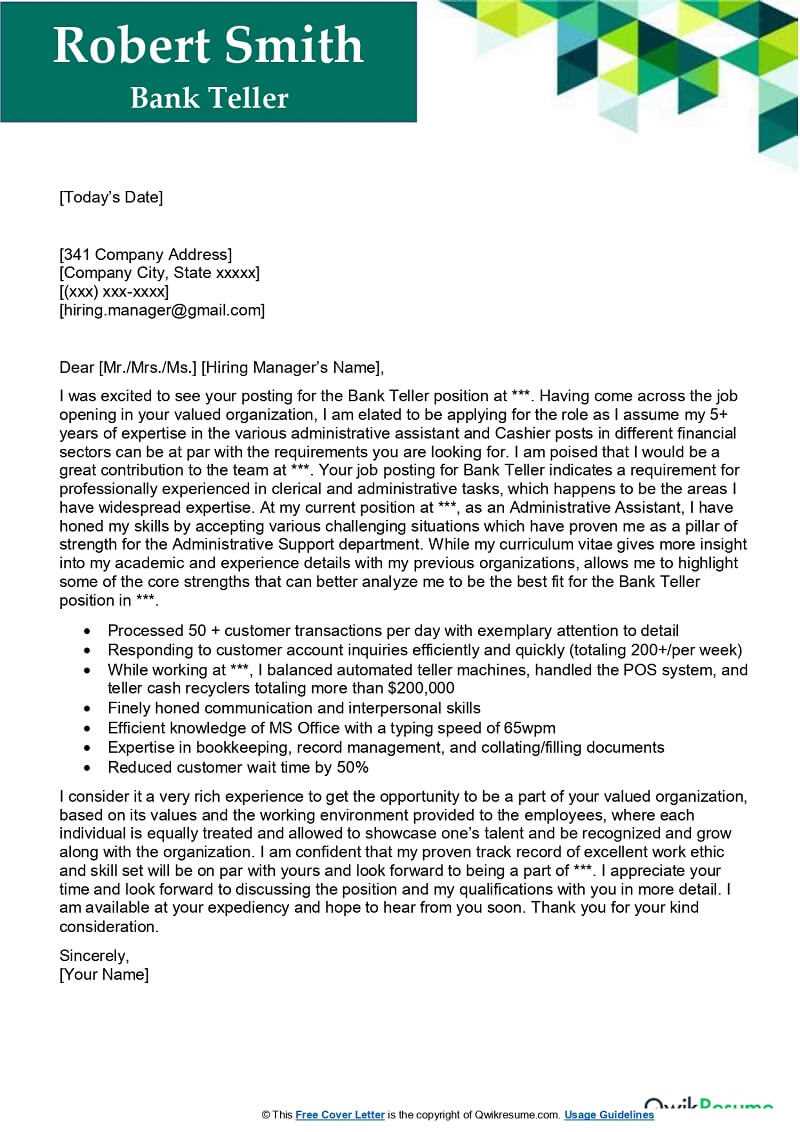 bank teller cover letter template