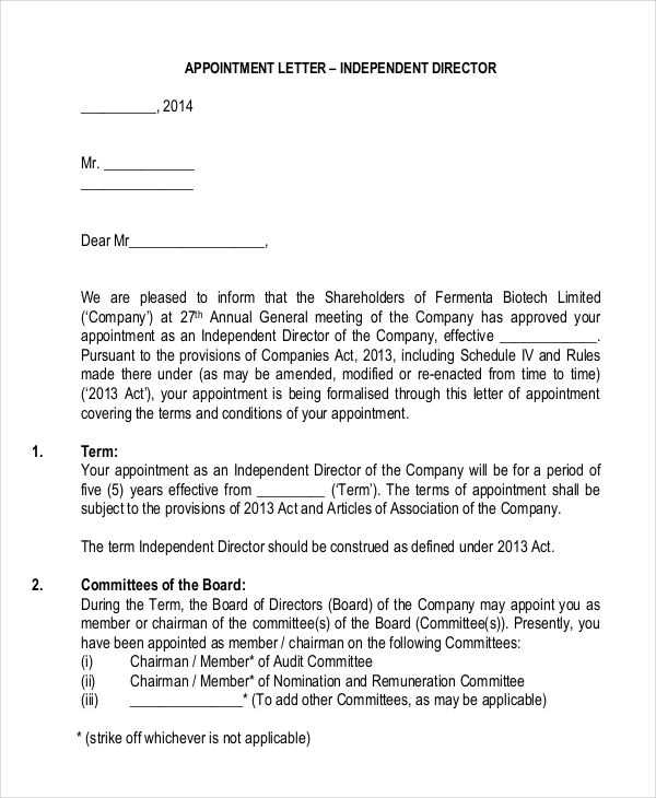 board of directors offer letter template