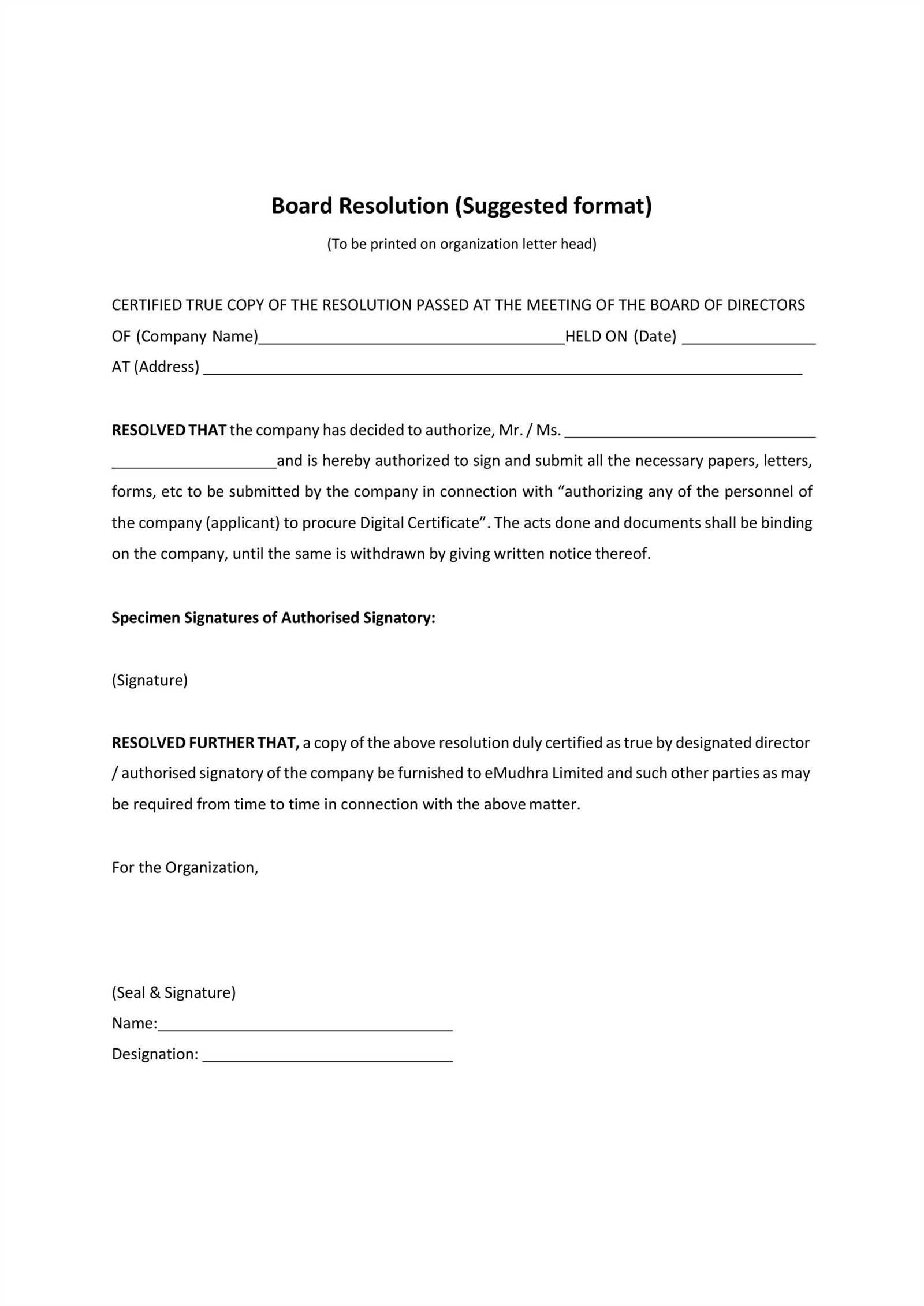 board resolution letter template