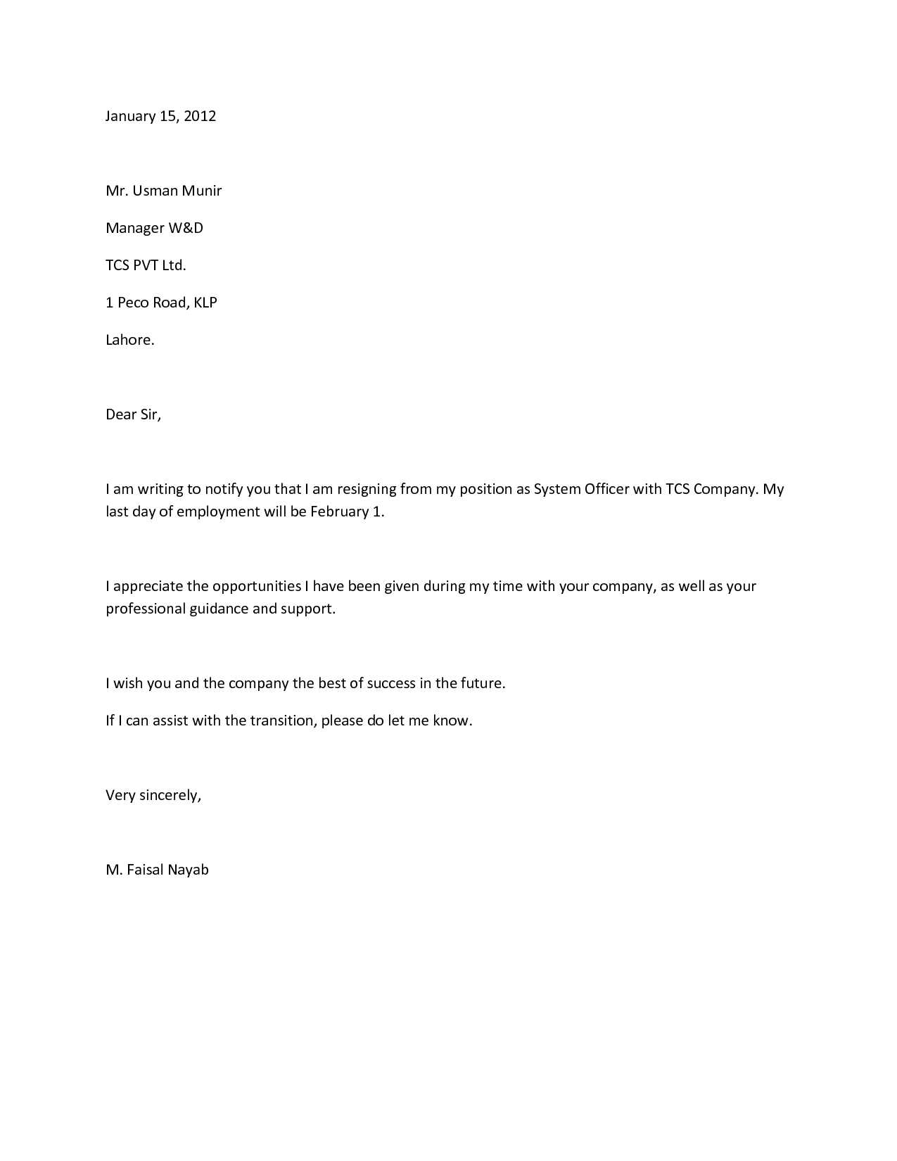 brief letter of resignation template