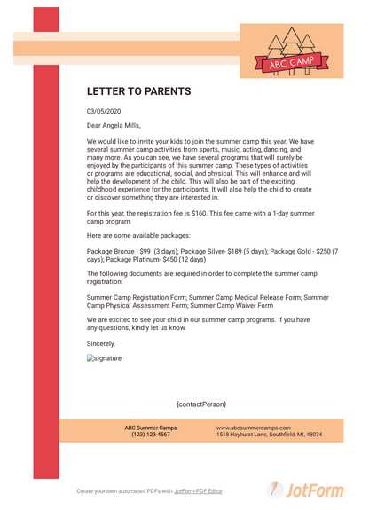 camp letter templates from parents