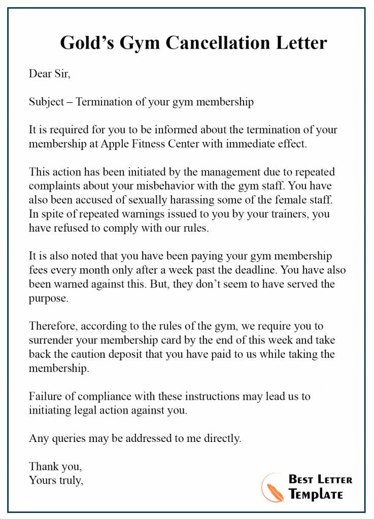 cancellation of gym membership letter template