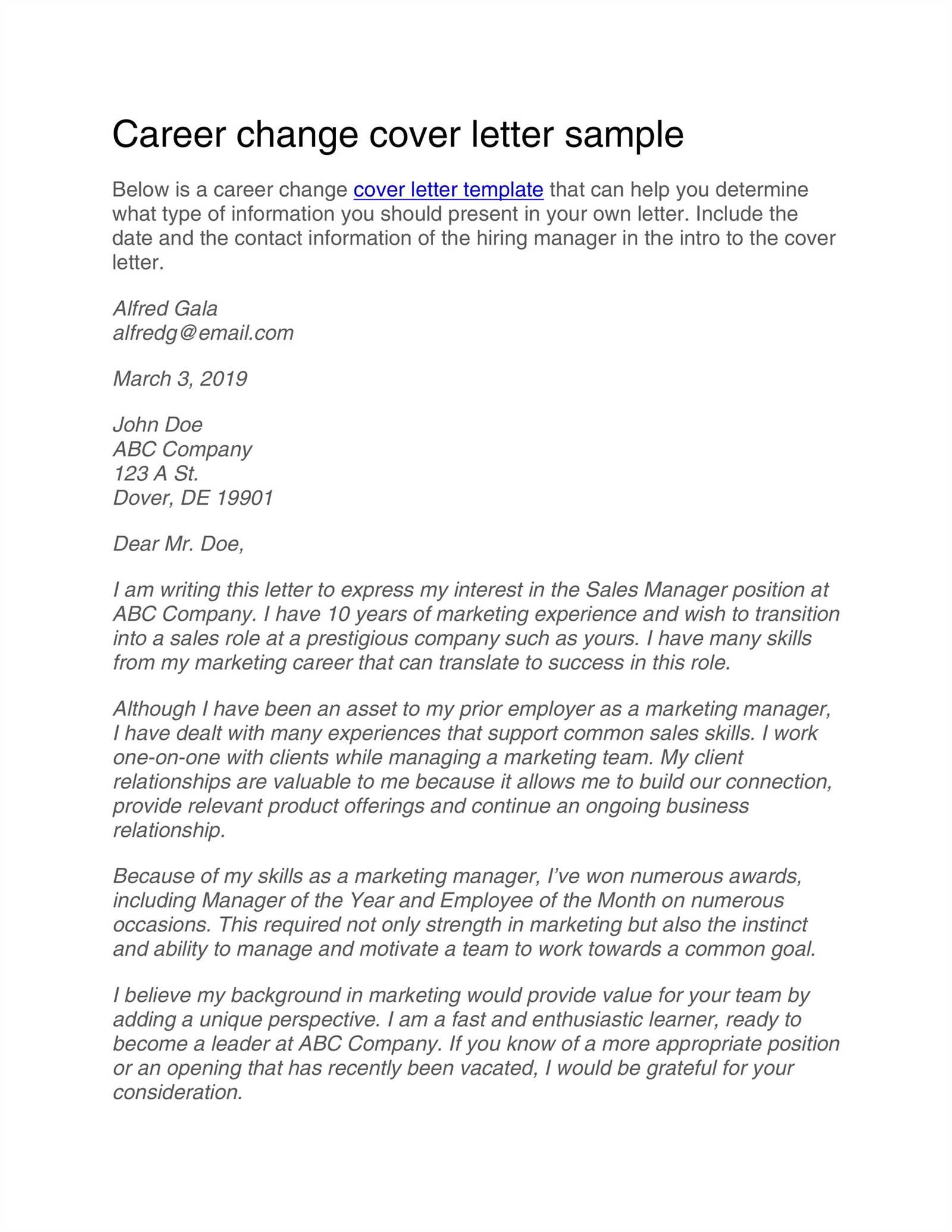 career change cover letter template