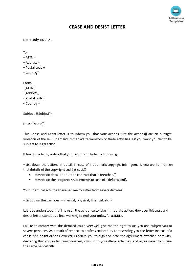 cease and desist defamation letter template