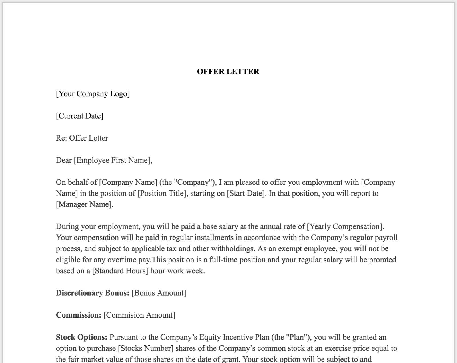 ceo offer letter template