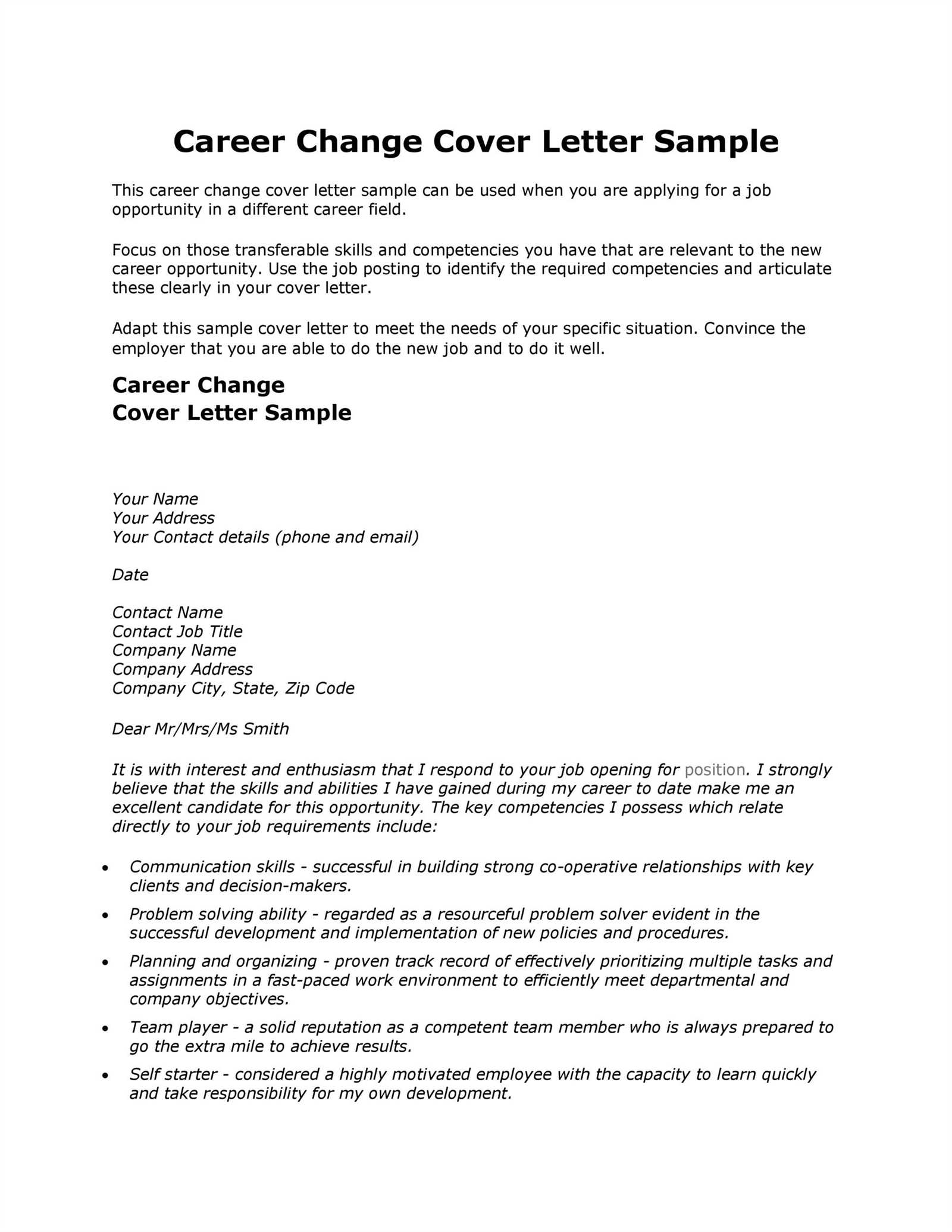 change in career cover letter template