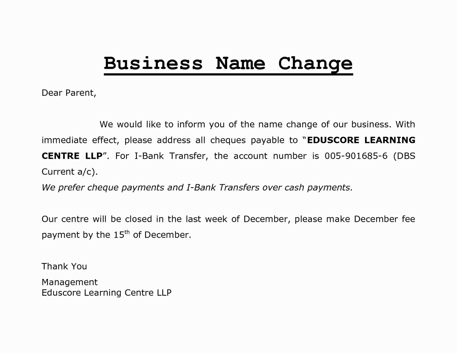 change of name letter template