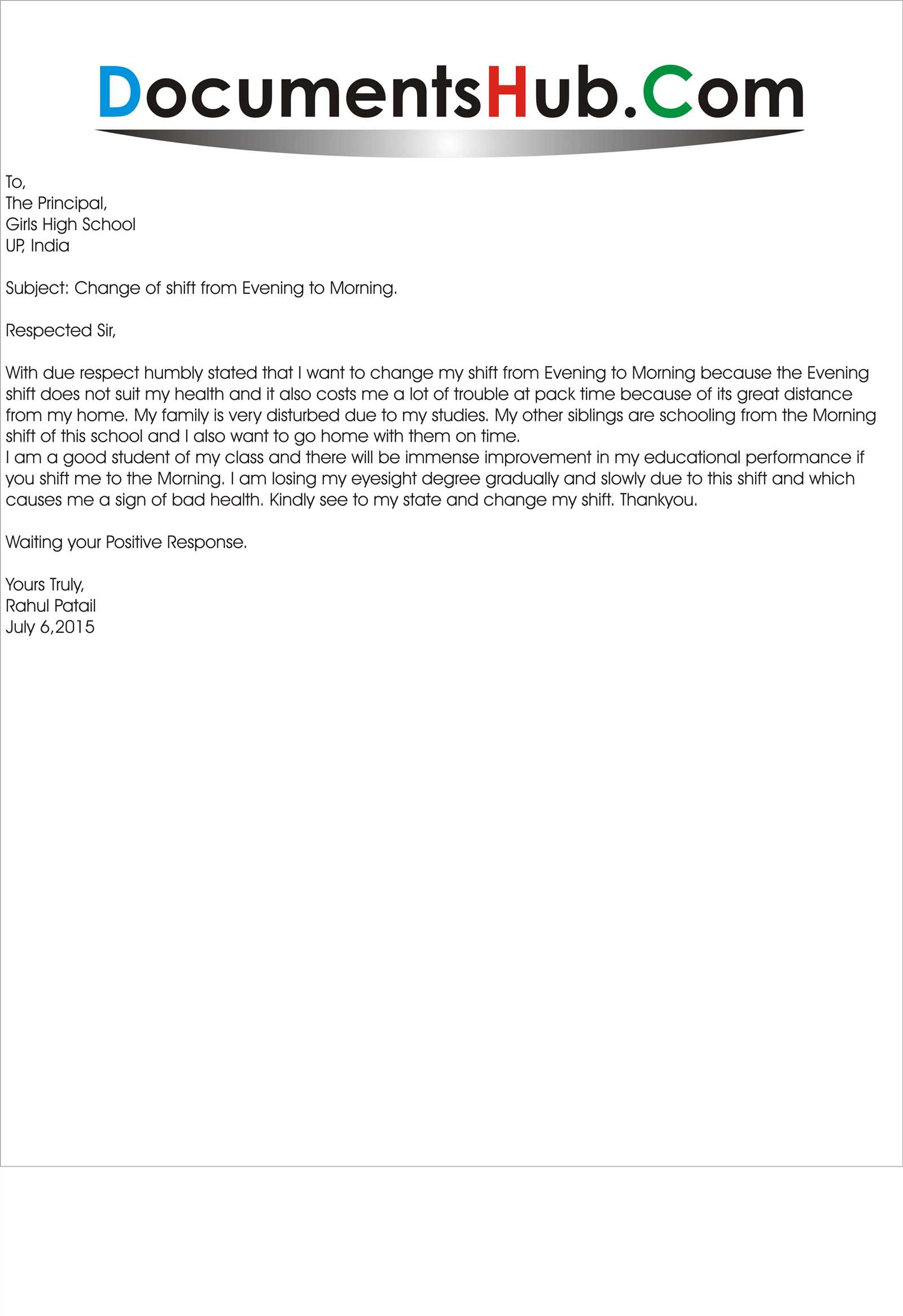 change to working hours letter template