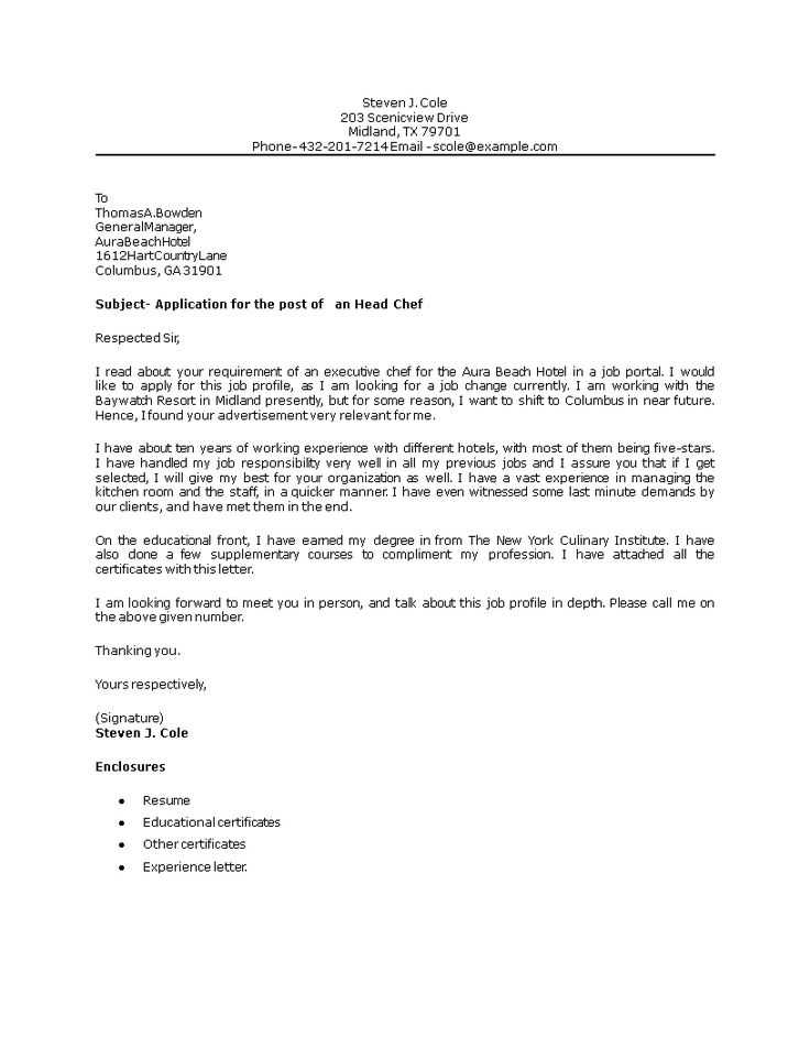 chef cover letter template