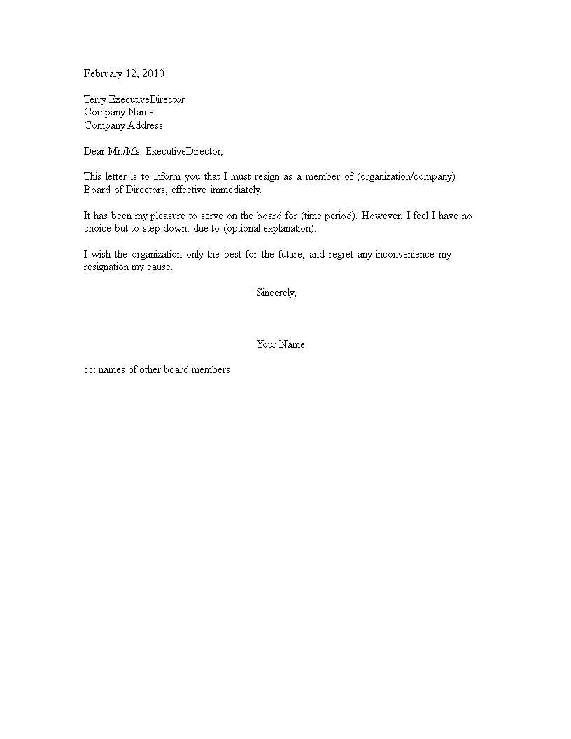 company director resignation letter template