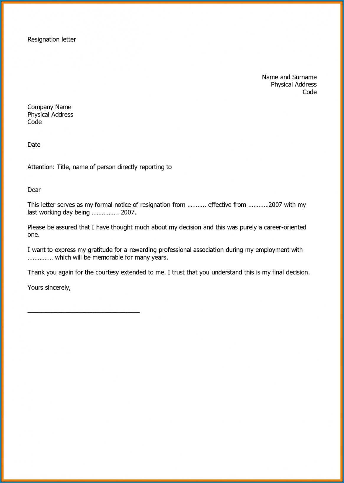 company resignation letter template